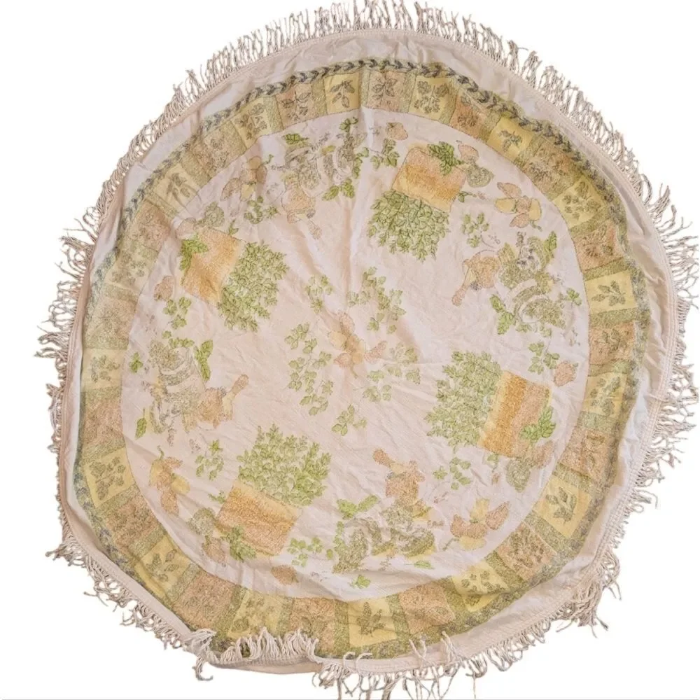 vintage 70s Terry cloth round‎ tablecloth herbs mushroom tablecloth boho